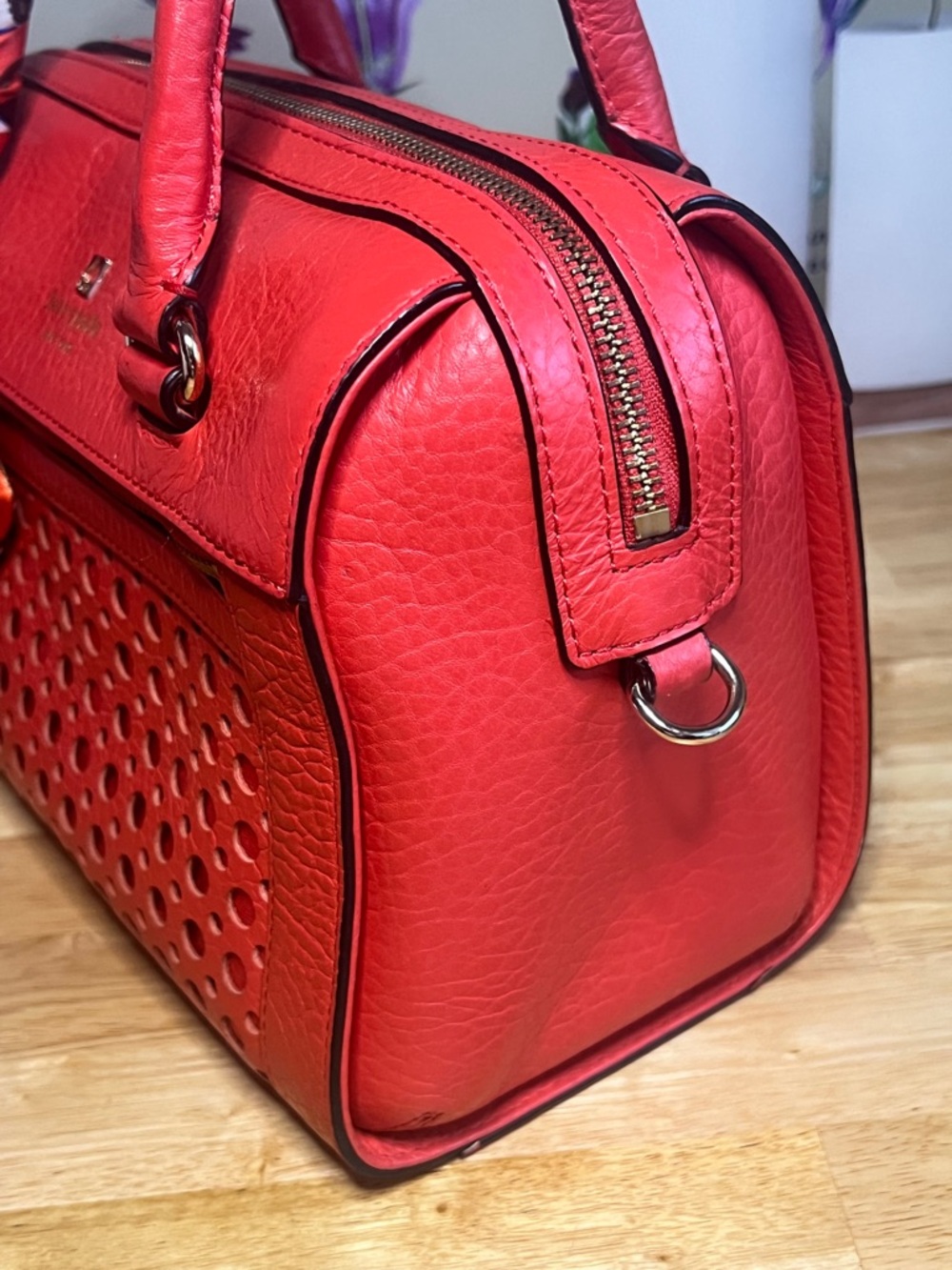 Kate Spade Perri Lane Bubbles Perforated Leather Satchel in Empire Red - Picture 3 of 14